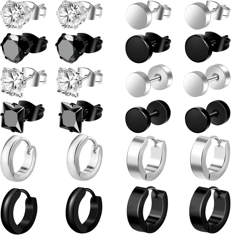 ONESING 15 Pairs Black Earrings for Men, Stainless Steel Mens Earrings set with Studs Hoop Earring Cross Dangle Earrings Hypoallergenic Ear Piercing Jewelry for Men Women - Image 1